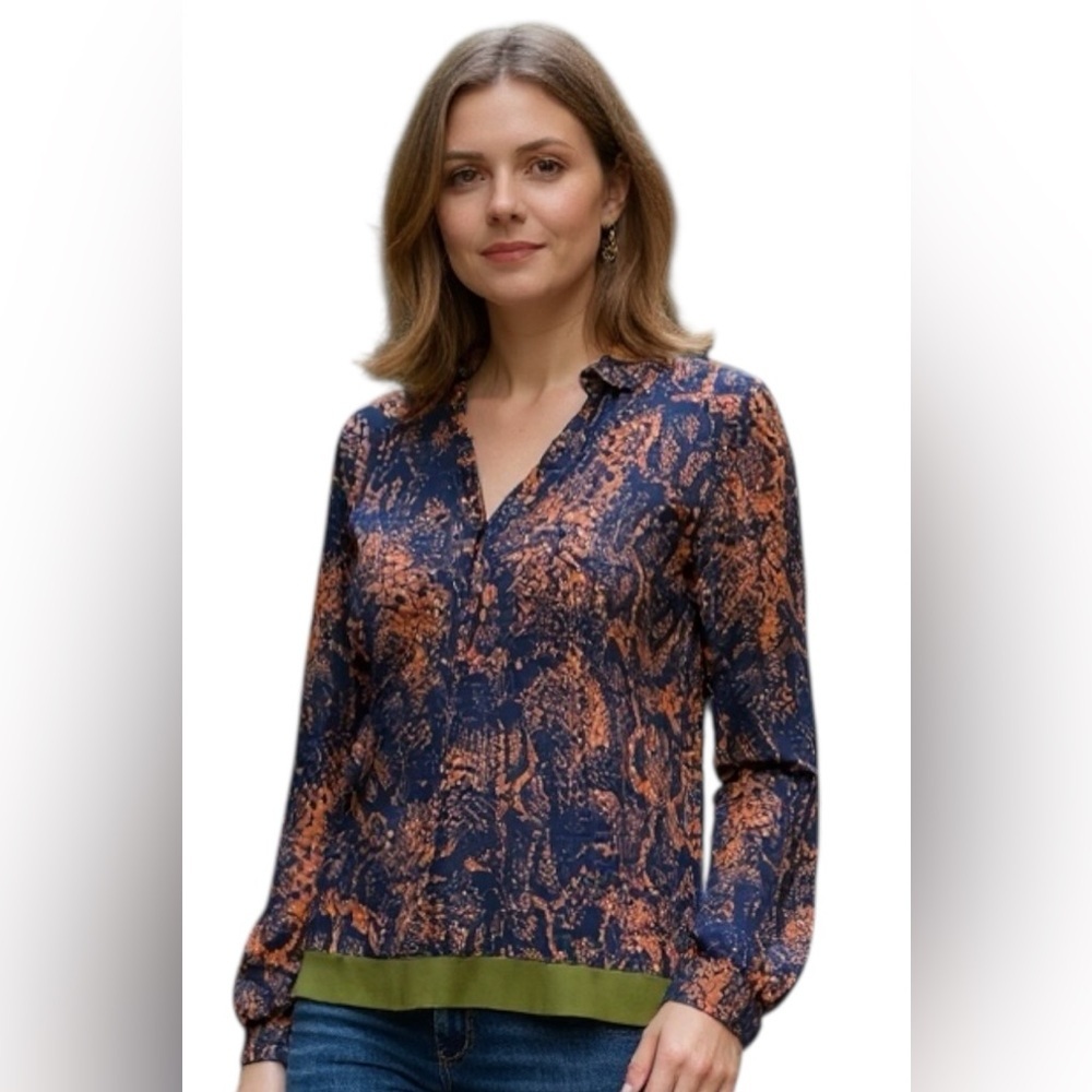 CAbi Abstract Print Long Sleeve Blouse V-Neck Size M